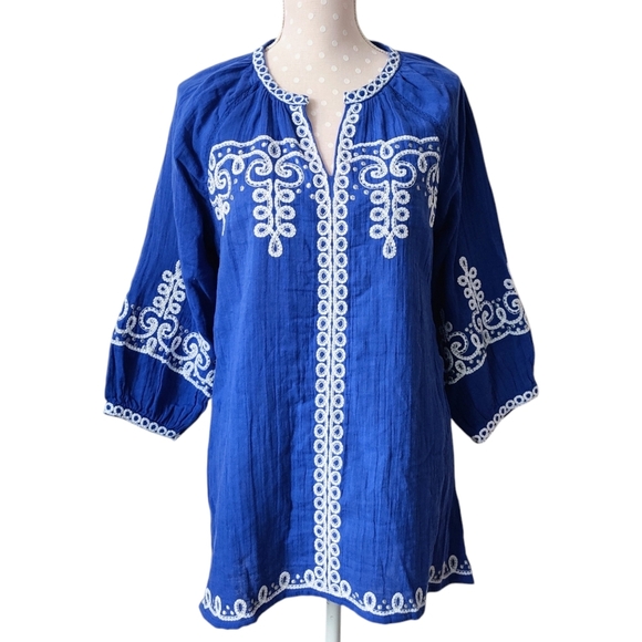 SOFT SURROUNDINGS Coruh Gauze Top M Embroidered Blue Tunic - Picture 1 of 11